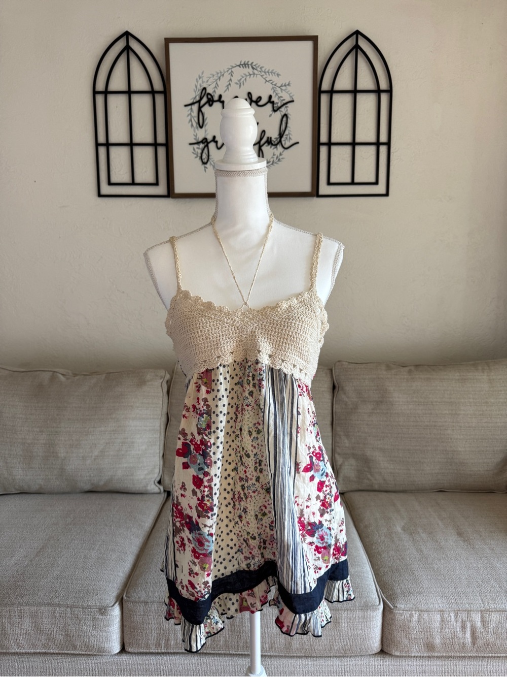 Forever 21 Crochet Patchwork Babydoll Cami Top Size L Boho Fairycore Y2K Indie